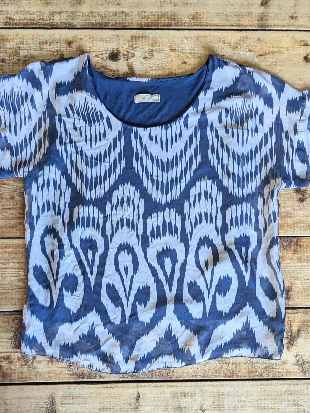 GIUSY Silk Blend Ikat Print Blouse Blue Short Sleeve Lined Made in Italy Small